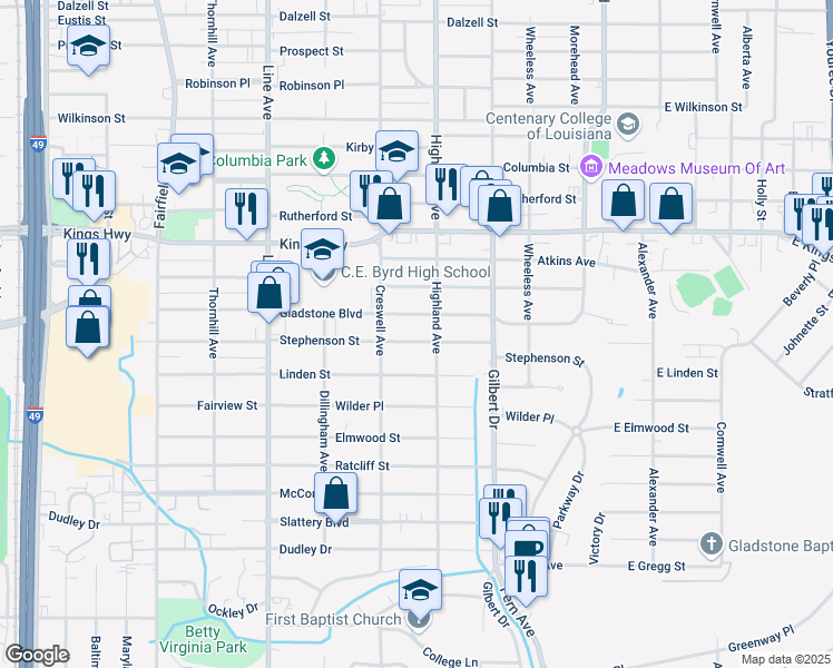 map of restaurants, bars, coffee shops, grocery stores, and more near 541 Stephenson Street in Shreveport