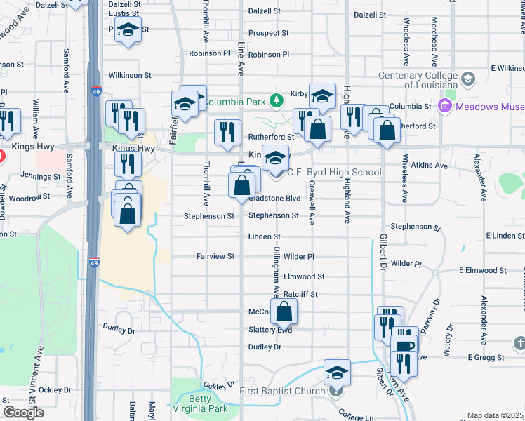 map of restaurants, bars, coffee shops, grocery stores, and more near 724 Stephenson Street in Shreveport