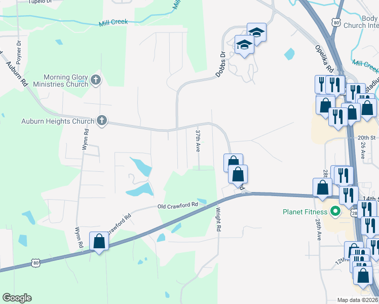 map of restaurants, bars, coffee shops, grocery stores, and more near 1908 Westminster Drive in Phenix City
