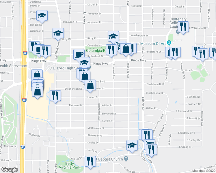 map of restaurants, bars, coffee shops, grocery stores, and more near 624 Stephenson Street in Shreveport