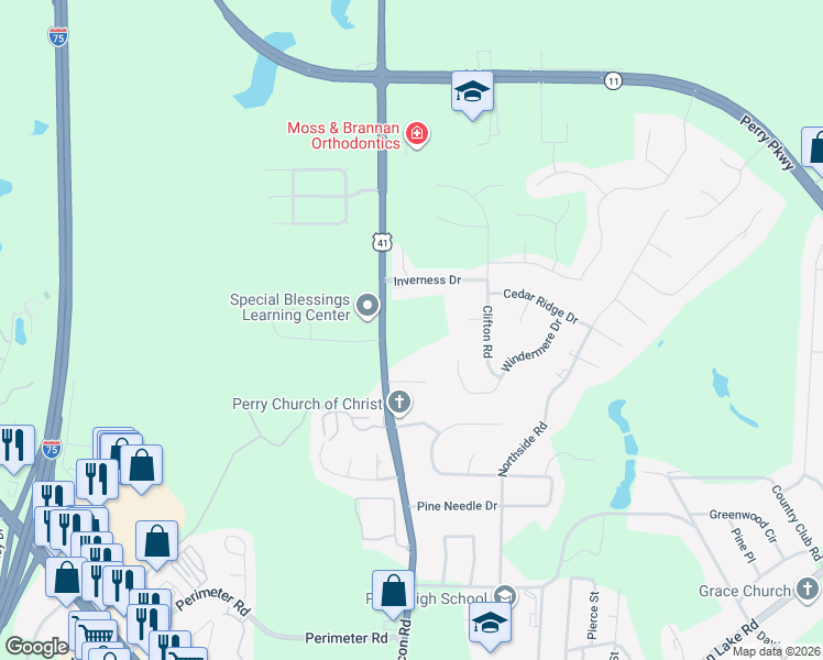 map of restaurants, bars, coffee shops, grocery stores, and more near 1820 Macon Road in Perry