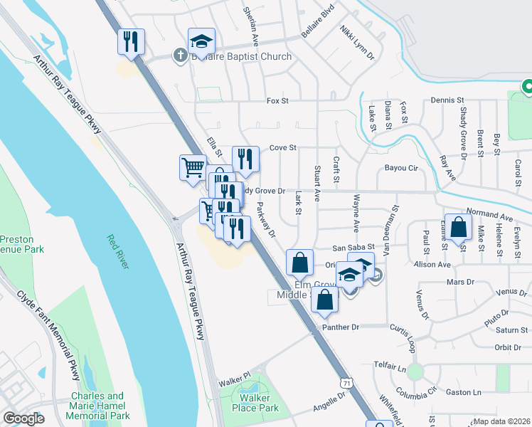 map of restaurants, bars, coffee shops, grocery stores, and more near 4116 Parkway Drive in Bossier City