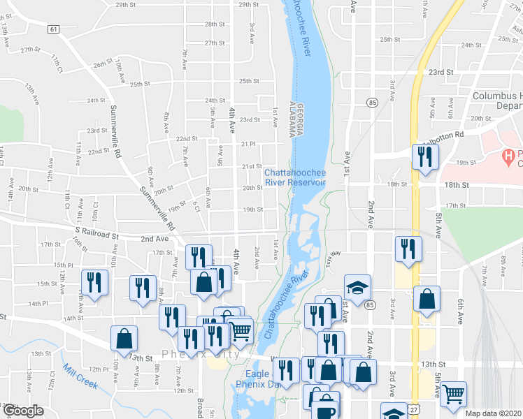 map of restaurants, bars, coffee shops, grocery stores, and more near 205 19th Street in Phenix City