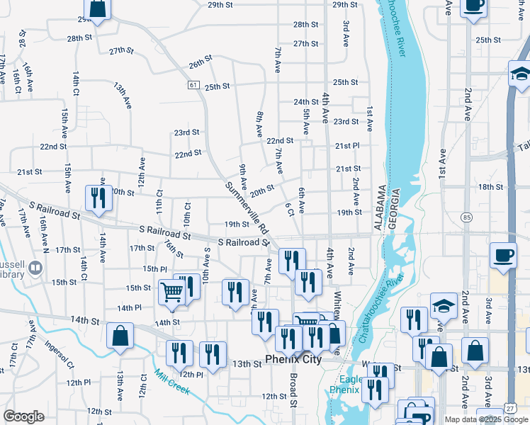 map of restaurants, bars, coffee shops, grocery stores, and more near 1810 Summerville Road in Phenix City