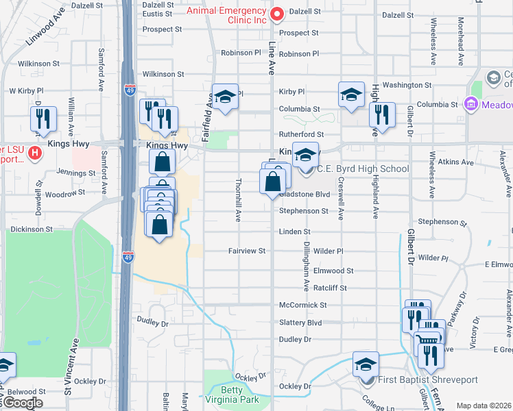 map of restaurants, bars, coffee shops, grocery stores, and more near 823 Stephenson Street in Shreveport