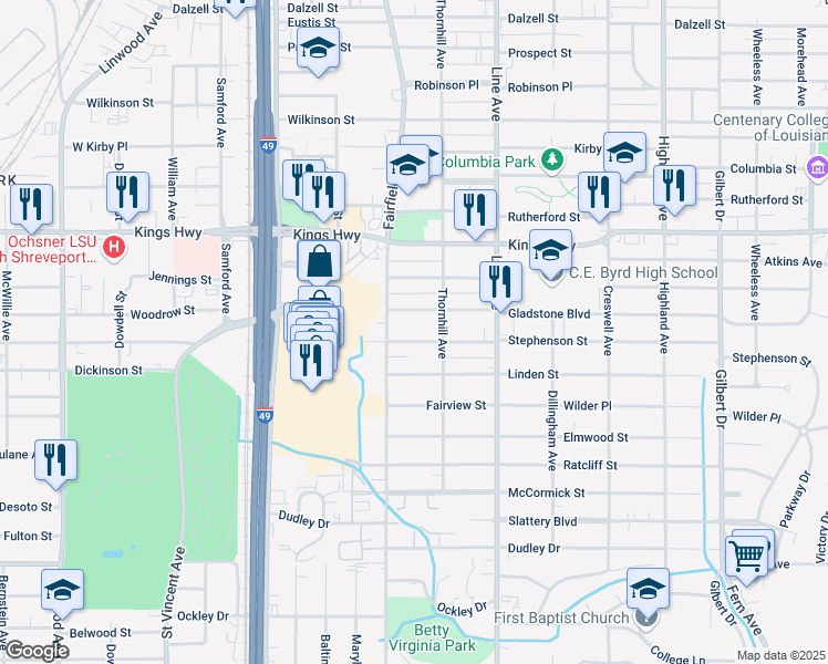 map of restaurants, bars, coffee shops, grocery stores, and more near 953 Stephenson Street in Shreveport
