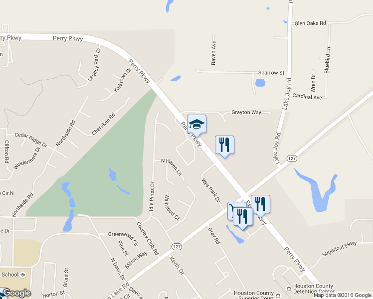 map of restaurants, bars, coffee shops, grocery stores, and more near 395 Perry Parkway in Perry