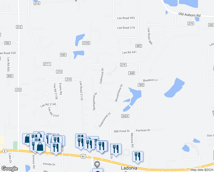 map of restaurants, bars, coffee shops, grocery stores, and more near 6 Woodmere Court in Phenix City