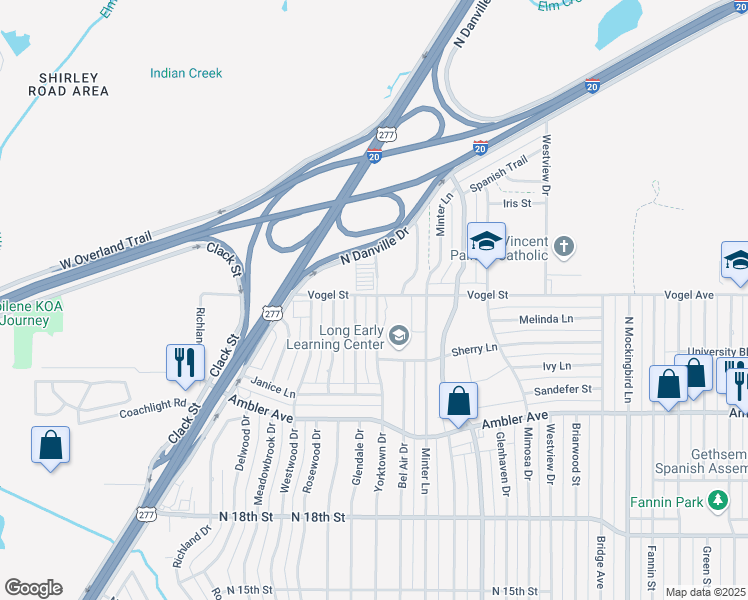 map of restaurants, bars, coffee shops, grocery stores, and more near 2401 Yorktown Drive in Abilene