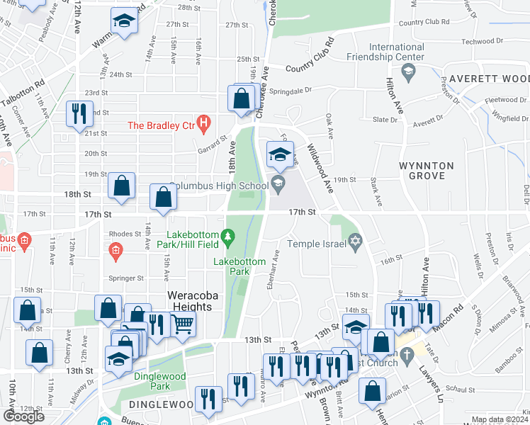 map of restaurants, bars, coffee shops, grocery stores, and more near 1630 Cherokee Avenue in Columbus