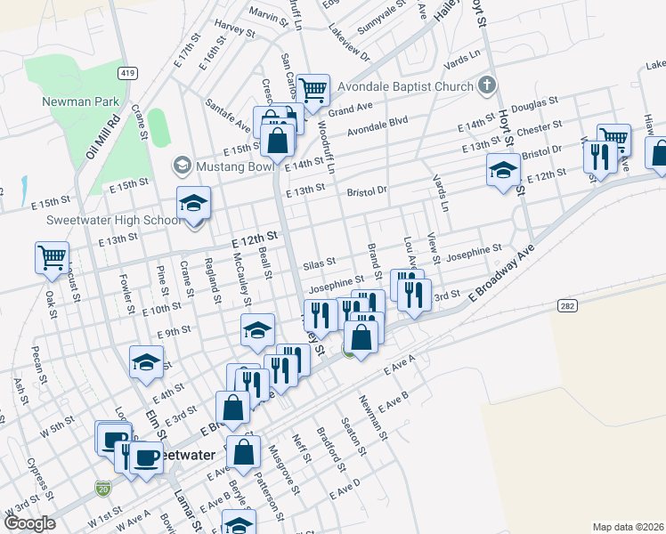 map of restaurants, bars, coffee shops, grocery stores, and more near 1109 Josephine Street in Sweetwater