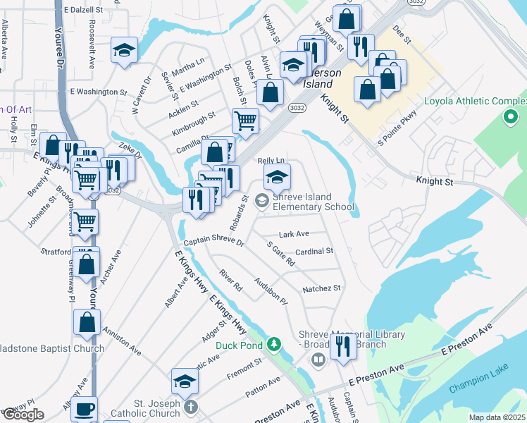 map of restaurants, bars, coffee shops, grocery stores, and more near 836 Sewanee Place in Shreveport