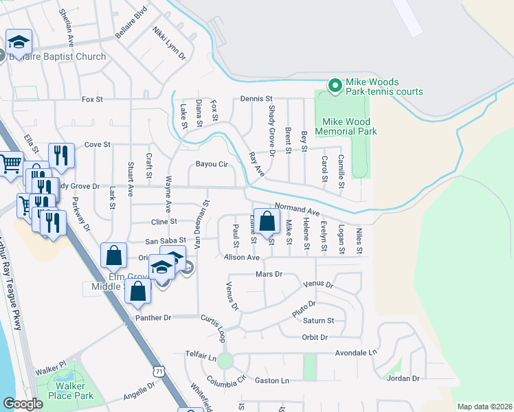 map of restaurants, bars, coffee shops, grocery stores, and more near 4206 Kenny Street in Bossier City
