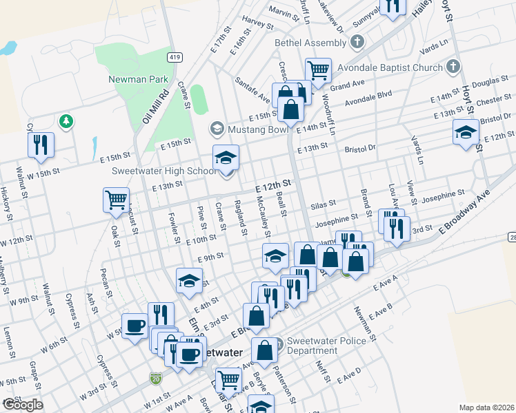 map of restaurants, bars, coffee shops, grocery stores, and more near 800 Silas Street in Sweetwater