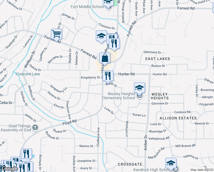 map of restaurants, bars, coffee shops, grocery stores, and more near 1900 Floyd Road in Columbus