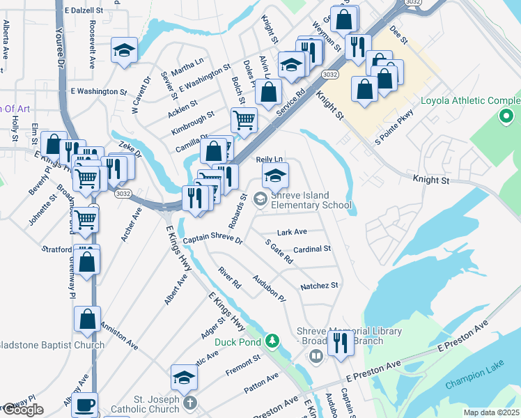 map of restaurants, bars, coffee shops, grocery stores, and more near 836 Sewanee Place in Shreveport
