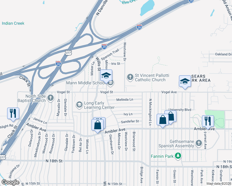 map of restaurants, bars, coffee shops, grocery stores, and more near 3234 Melinda Lane in Abilene
