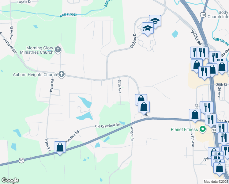 map of restaurants, bars, coffee shops, grocery stores, and more near 1908 Westminster Drive in Phenix City
