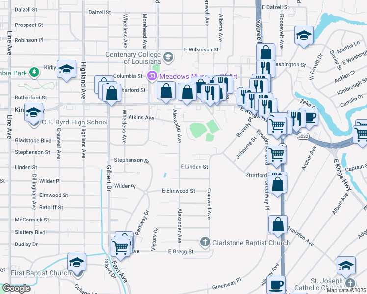 map of restaurants, bars, coffee shops, grocery stores, and more near 3345 Alexander Avenue in Shreveport