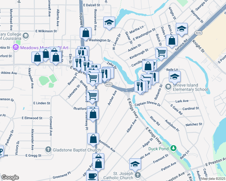 map of restaurants, bars, coffee shops, grocery stores, and more near 106 Archer Avenue in Shreveport