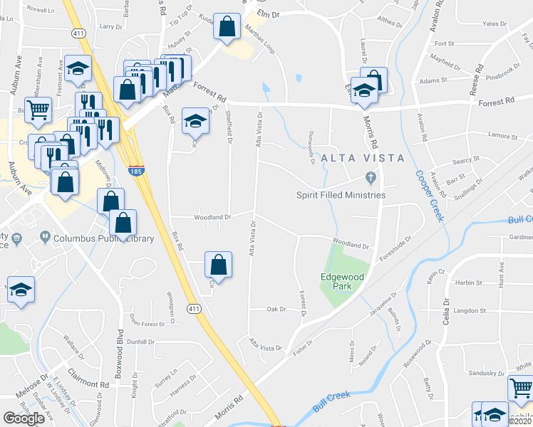 map of restaurants, bars, coffee shops, grocery stores, and more near 3741 Woodland Drive in Columbus