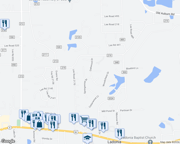 map of restaurants, bars, coffee shops, grocery stores, and more near 22 Oakwood Drive in Phenix City