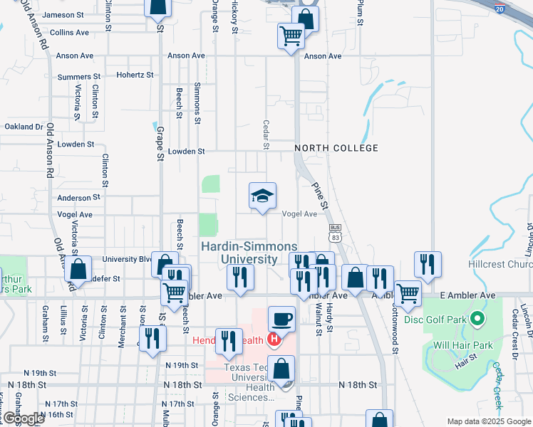 map of restaurants, bars, coffee shops, grocery stores, and more near 2442 Cedar Street in Abilene