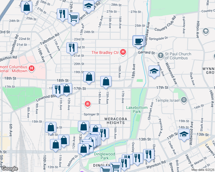 map of restaurants, bars, coffee shops, grocery stores, and more near 1445 18th Street in Columbus