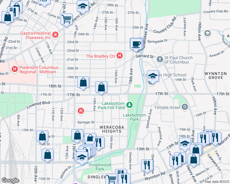 map of restaurants, bars, coffee shops, grocery stores, and more near 1609 17th Street in Columbus