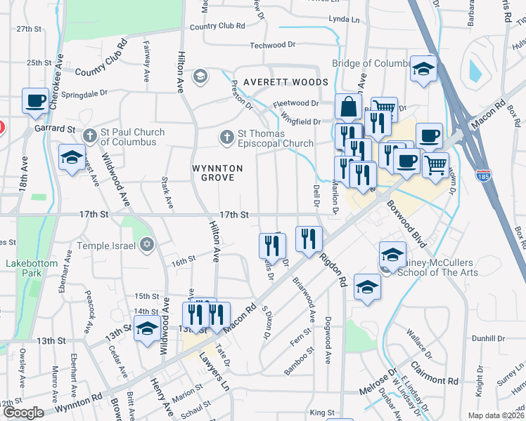 map of restaurants, bars, coffee shops, grocery stores, and more near 1805 Wells Drive in Columbus