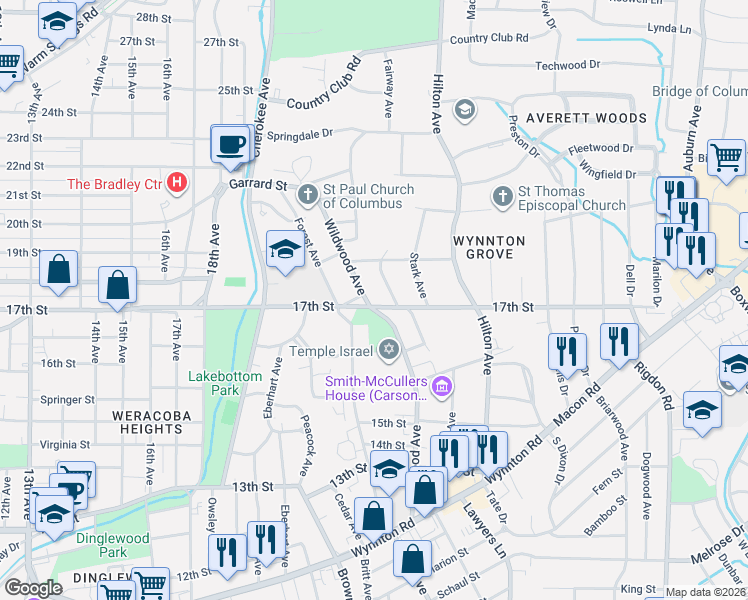 map of restaurants, bars, coffee shops, grocery stores, and more near 1800 Wildwood Avenue in Columbus