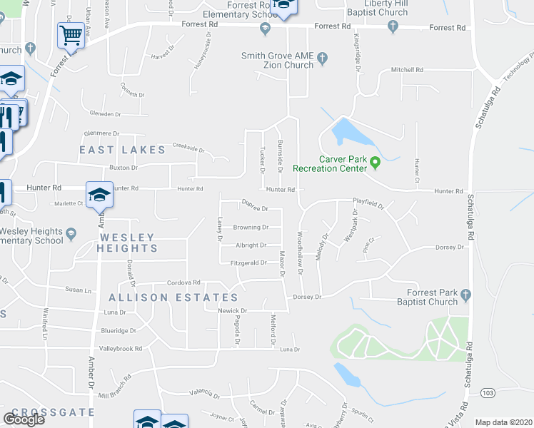 map of restaurants, bars, coffee shops, grocery stores, and more near 6332 Dupree Drive in Columbus