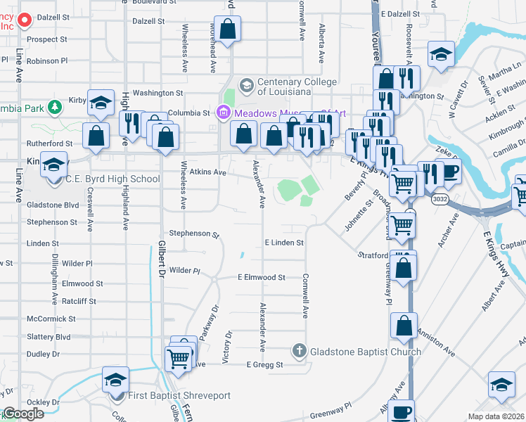 map of restaurants, bars, coffee shops, grocery stores, and more near 3321 Alexander Avenue in Shreveport