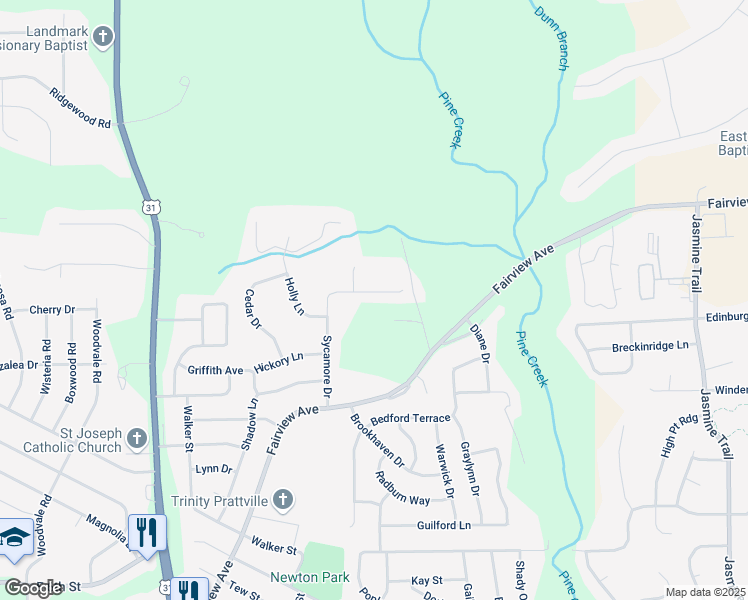 map of restaurants, bars, coffee shops, grocery stores, and more near 147 Sycamore Drive in Prattville