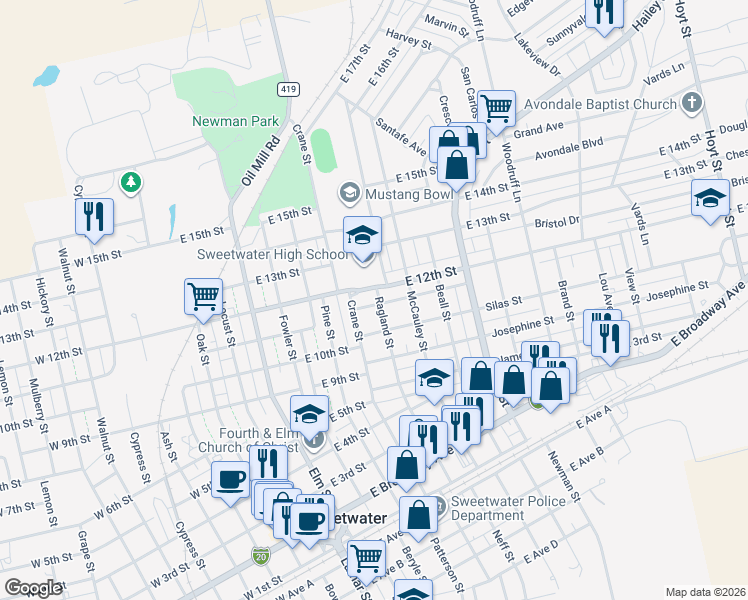 map of restaurants, bars, coffee shops, grocery stores, and more near 701 East 12th Street in Sweetwater