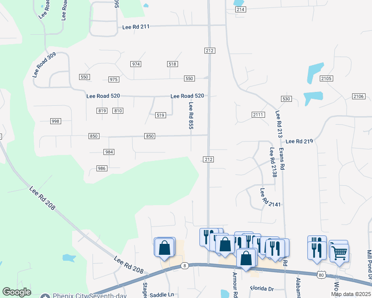 map of restaurants, bars, coffee shops, grocery stores, and more near 2-324 County Road 850 in Phenix City