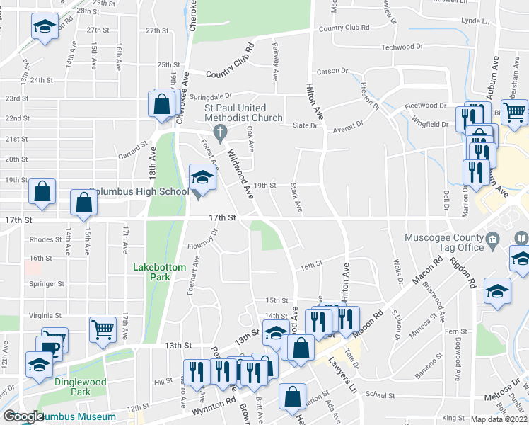 map of restaurants, bars, coffee shops, grocery stores, and more near 1708 Wildwood Avenue in Columbus