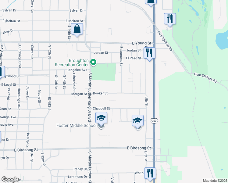 map of restaurants, bars, coffee shops, grocery stores, and more near 1205 Booker Street in Longview