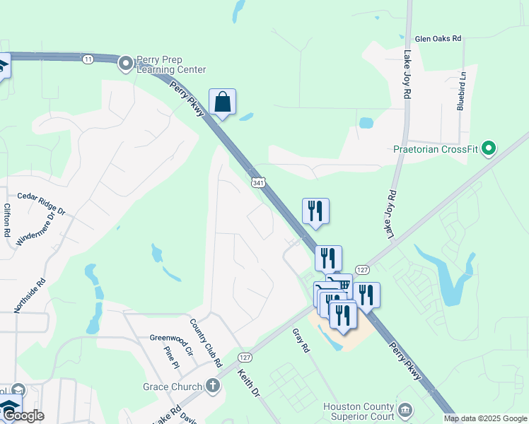 map of restaurants, bars, coffee shops, grocery stores, and more near 395 Perry Parkway in Perry