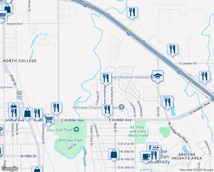 map of restaurants, bars, coffee shops, grocery stores, and more near 2580 Garfield Avenue in Abilene