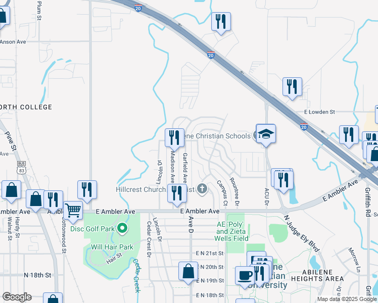 map of restaurants, bars, coffee shops, grocery stores, and more near 2568 Hillcrest Drive in Abilene