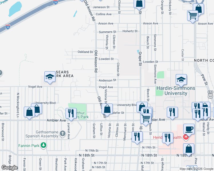 map of restaurants, bars, coffee shops, grocery stores, and more near 1949 Anderson Street in Abilene