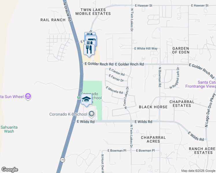 map of restaurants, bars, coffee shops, grocery stores, and more near 3547 East Fox Trotter Road in Tucson