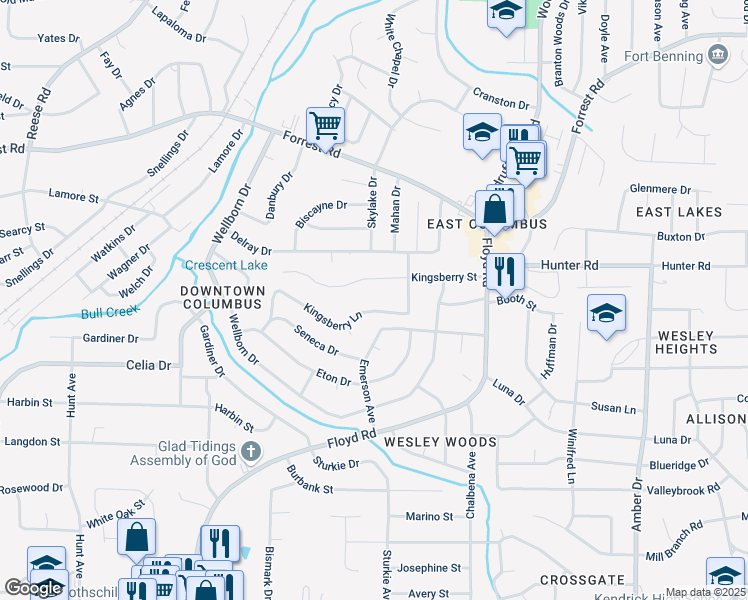 map of restaurants, bars, coffee shops, grocery stores, and more near 5220 Kingsberry Lane in Columbus