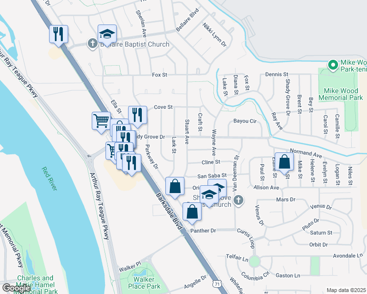 map of restaurants, bars, coffee shops, grocery stores, and more near 4101 Lark Street in Bossier City