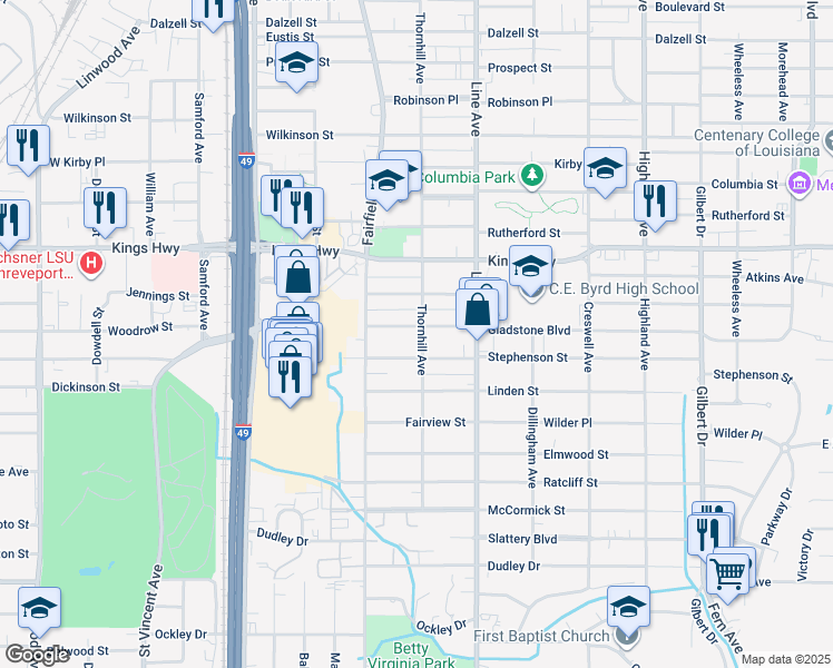 map of restaurants, bars, coffee shops, grocery stores, and more near 905 Gladstone Boulevard in Shreveport