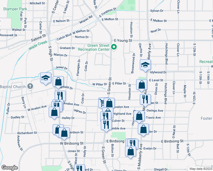 map of restaurants, bars, coffee shops, grocery stores, and more near 108 Jewel Drive in Longview
