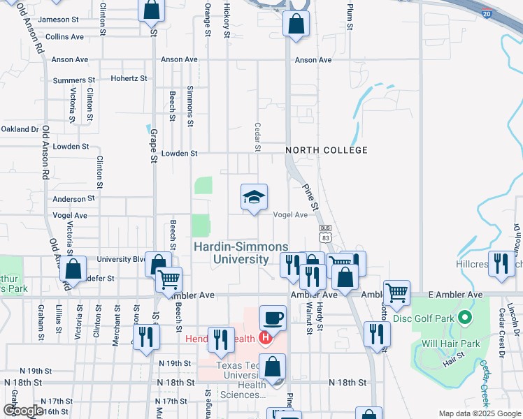 map of restaurants, bars, coffee shops, grocery stores, and more near 1204 Vogel Street in Abilene
