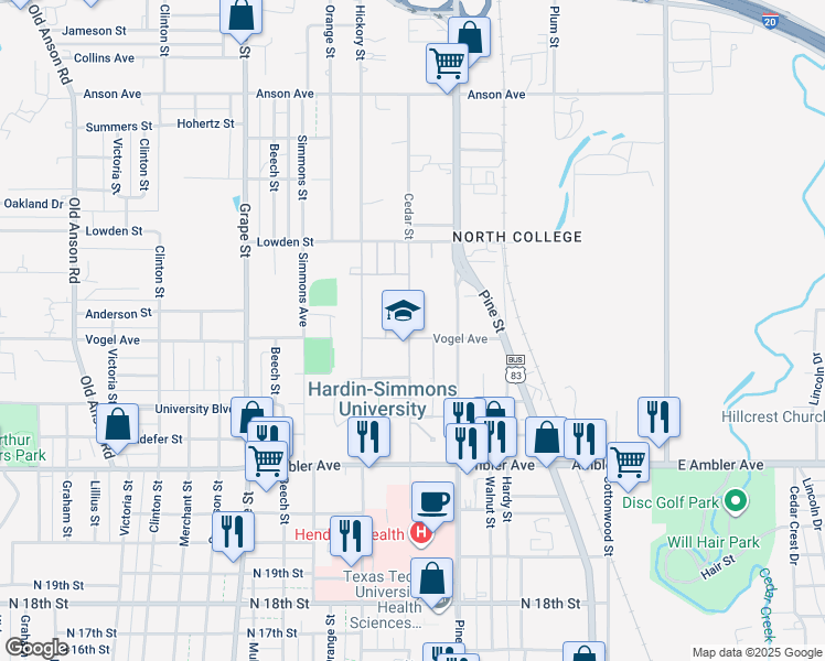 map of restaurants, bars, coffee shops, grocery stores, and more near 1204 Vogel Street in Abilene