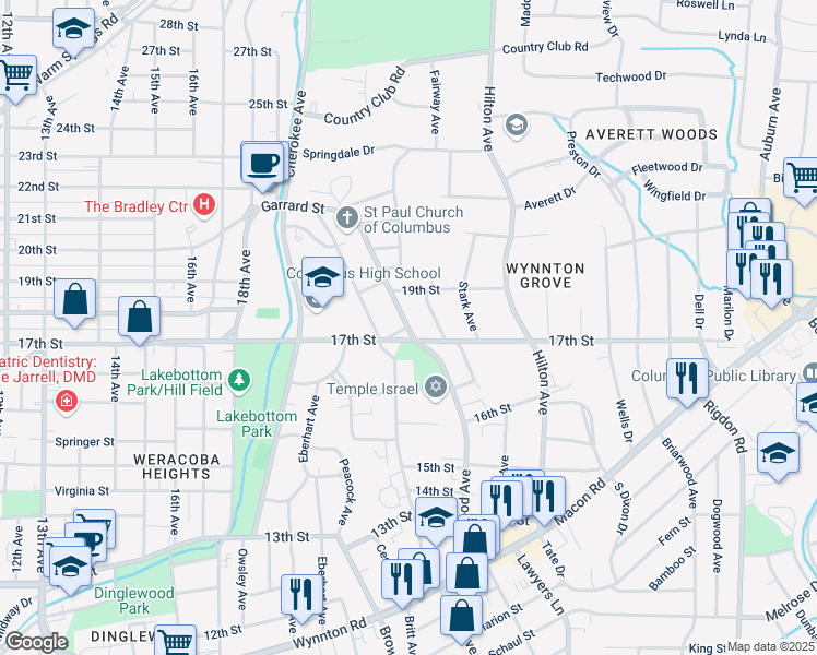 map of restaurants, bars, coffee shops, grocery stores, and more near 1710 Wildwood Avenue in Columbus